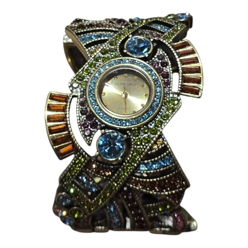 Heidi Daus Art Deco Swarovski Crystal Golden Bronze Cuff Bracelet Watch - Picture 4 of 10